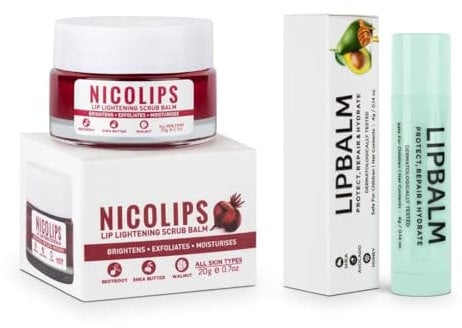 NicoLip.s Lip Scrub & NicoBalm Lip Balm Combo For Dry, Chapped & Dark Lips Remover Treatment, 20 g, 4 g