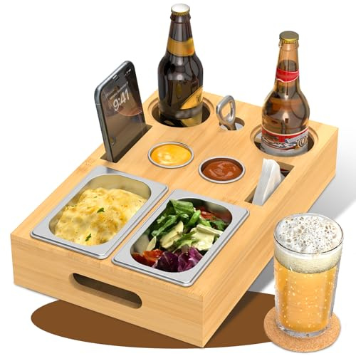 Yeabett Couchbar Snackbox mit 2+2 Edelstahlschalen & Gewürzschalen, Abnehmbarer Magnetdeckel & Untersetzer, Multifunktionale Snackablage für Sofa, Bett, Picknick, Camping (Bambus & Edelstahl), Bambus