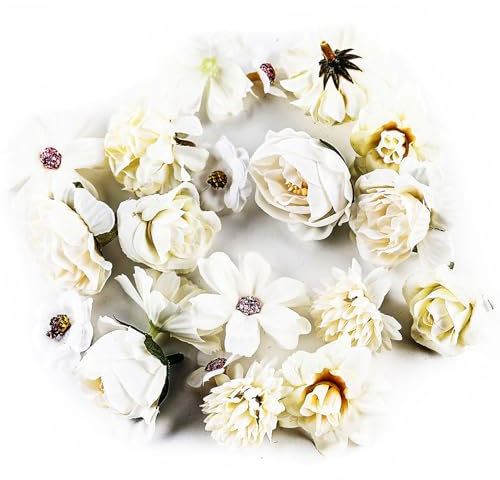 Luckwaii Kunstblumen Köpfe Blumen zum Basteln, 20 Stück Künstliche Blüten Blumenköpfe Seidenblumen kunstblütenkopf Masse Mix für DIY Basteln Scrapbooking Hochzeit Party Blumen Deko Torte Deko Weiß