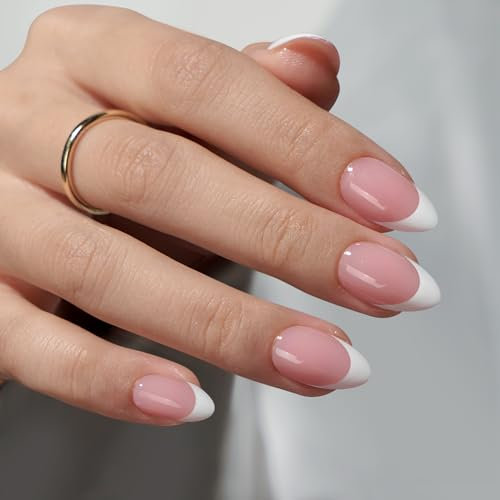 BTArtbox Short French Tip False Nails - 32pcs Almond Press on Nails with Glue & Kit, Lightweight Natural Stick on Nails for Women Daily Party