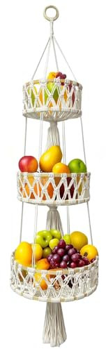 SeiriHelper Handgewebter Obstkorb Hängend aus Baumwollseil, Böhmisches Bambuskreis Obstnetz, 3 Etagere Hängekorb Küche für Obst und Gemüse Aufbewahrung (Weiß)
