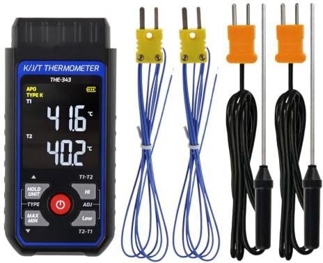 Thermoelement-Thermometer, digital, Typ K/J, mit 4 Thermoelementen vom Typ K, HVAC-Thermometer mit Alarm und Adj-Kompensation, Temperaturmessgerät, Messbereich -200 °C bis 1372 °C