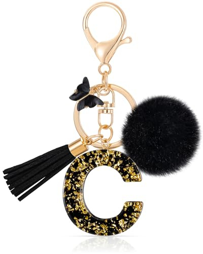 MWOOT Porte-clé Lettre Initiale, Letter Keychains, Noir Feuille d'Or, pour Femmes, Portefeuilles et Bagages