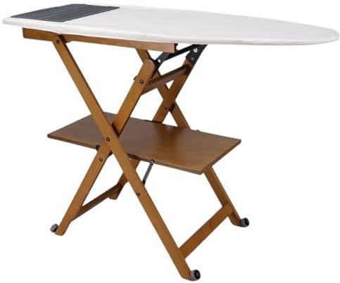 Tabla de planchar de madera de haya plegable con ruedas y estante para la ropa - Modelo Revi Made in Italy (tabaco)