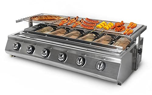 Portable Gas Barbecue Grill, Tabletop Design with Nonstick Roasting Tray, 6 Burners for Outdoor Cooking