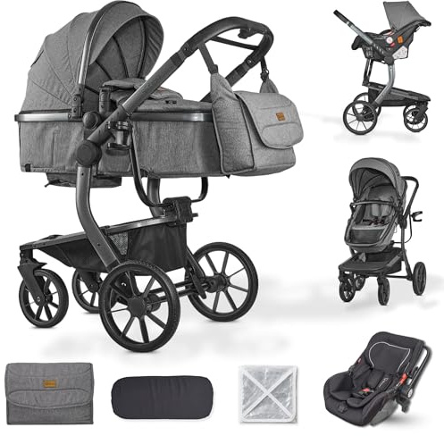 BRONEA UNICO Kinderwagen 3-in-1 Komplettset Inkl. Auto-Babyschale und Matratze für Babywanne | Auch als Buggy | Zusammenklappbar mit Wickeltasche, Regenschutz, Mückenschutz & Sonnenschutz - Grau/Grau