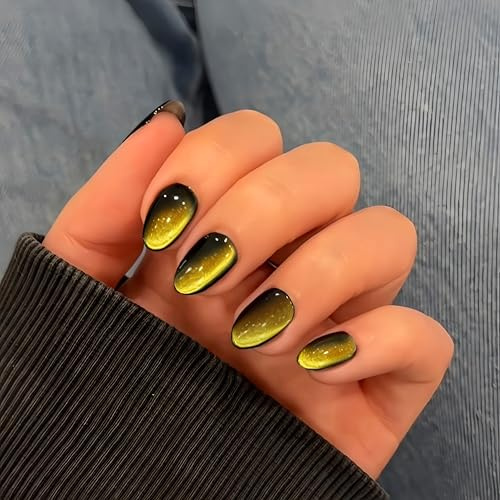 KQueenest Cat Eye Press on Nails Extra Short Oval, 30 Pcs Dark Gold False Nails Short Round, Sparkly Glitter Black Glue on Nails Almond, Reusable Shiny Chrome Fake Nails for Women Small Sizes