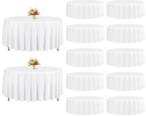 12 Stück Weiße Runde Tischdecken 229 cm, waschbarer Polyester, für Hochzeiten, Partys & Bankette (Weiß)
