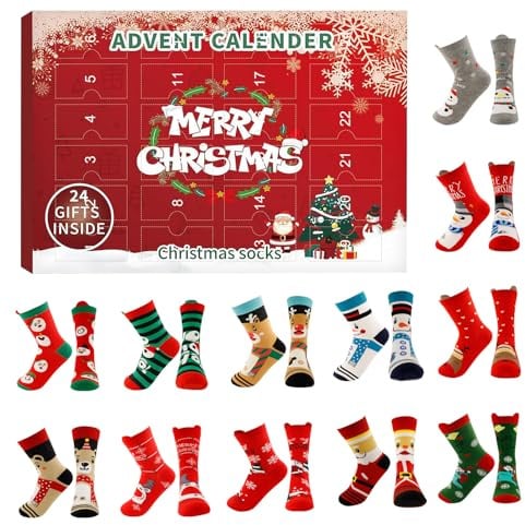 Weihnachtssocken Adventskalender 2025 Frauen,12 Paare Weihnachtssocken,Adventskalender Socken Damen,mit Verschiedenen Weihnachtsmustern 31-39 (grün und rot A)