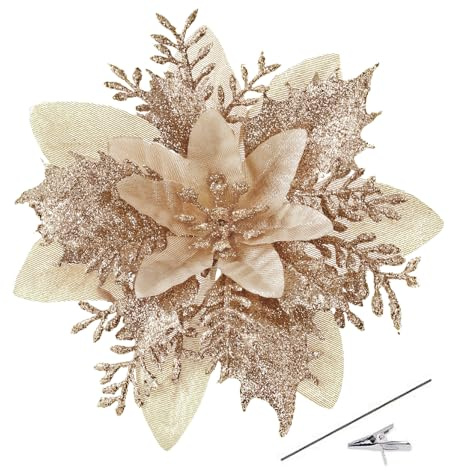 Bafenli 15 Stücke 14CM Weihnachten Künstliche Blumen Glitzer Weihnachtsblumen mit Clips Stämme Weihnachtsbaum Ornamente für DIY Kränze Girlande Haus Party Urlaub Dekoration (Champagner)
