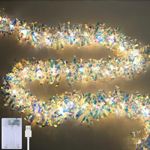 LAWOHO 5m/16.5FT Weihnachtsgirlande mit Beleuchtung, Lametta Girlande mit 100 LED, Batterie & USB-Betrieb für Valentinstag, Weihnachtsbaum Deko, Festliche Partydéko Shiny Long Roll Foil