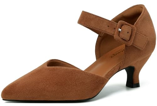 RIBONGZ Comfortable Kitten Heels for Women Pointed Closed Toe Ankle Strap Buckle Heels Slip on Low Heel Church Pumps Wedding Bridal Party Dressy Shoes, Caramel Brown, 8 UK