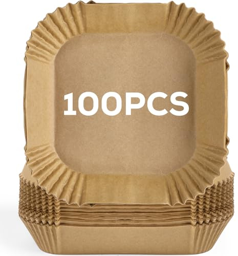 Rainberg Air Fryer Liners Disposable, 6.3 Inch 100pcs Square, Non-Stick, Heat Resistant, Food Grade Parchment Paper, Compatible with Russell Hobbs, Tower, COSORI, Ninja (100, 6.3 Inch - Square)