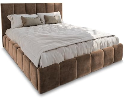 Masseno Polsterbett TARANTO 140x200 cm, Doppelbett, Bettkasten, Stauraum, Lattenrost Und Kopfteil - Beige, Monolith 09