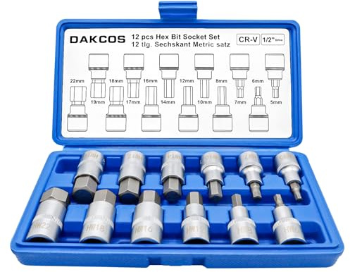 DAKCOS Juego de 12 Llaves de Vaso Hexagonales Métrico, 1/2, 5,6,7,8,10,12,14,16,17,18,19,22 mm, CR-V