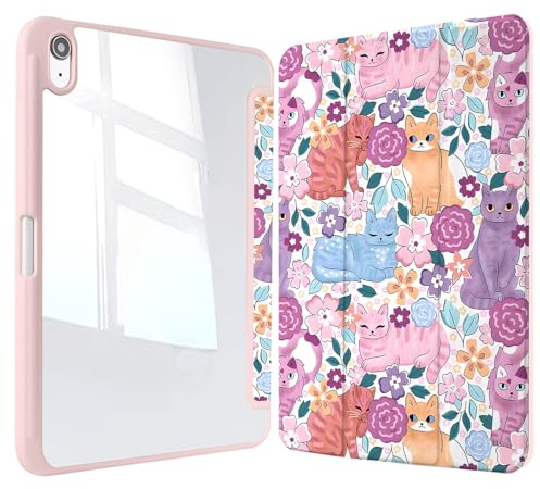 Vozehui 11/10,9 Zoll Lila-Pinke Katzen Hülle für iPad (A16) 11/10 Generation mit Clear Back Shell mit Bleistifthalter, Dreifacher Ständer Schutzabdeckung w/Auto Sleep 11 10.9 Zoll