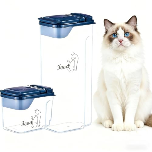 Katzenfutter Aufbewahrung 4 L + 1,5 L mit Ausgießer und Messbecher Set | Transparente Futterbox Katze mit Klappdeckel für Trockenfutter; Messbecher erleichtert die Entnahme im Futterbereich zuhause