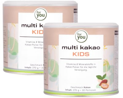 for you multi kakao kids Doppelpack - Kakaopulver mit Vitaminen, Mineralstoffen & Pflanzenstoffen zum Anrühren in Milch - Kinder ab 4 Jahren - Gesundes Wachstum & Entwicklung - Zuckerfrei & glutenfrei