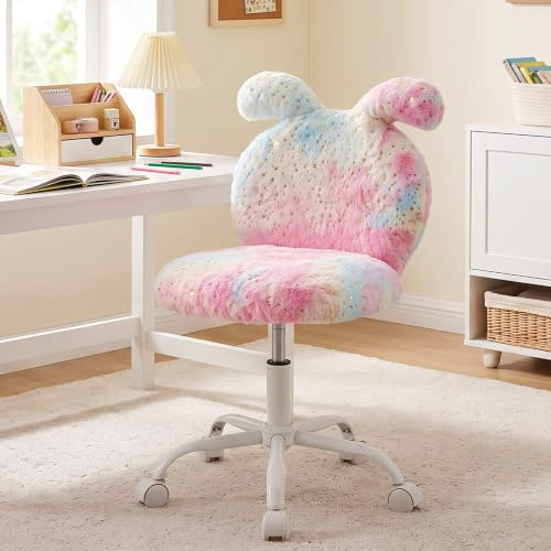 Ya-Home Kids Desk Chair Study Task Chair with Cute Bunny Ears, Pink | Faux Fur Fabric, 360° Swivel, Adjustable Height, Comfortable Padded Seat, for Bedroom/Study Room