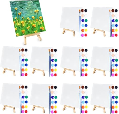 10 Pack Mini Acrylic Paint Kit,6 in Canvas Boards for Painting with 6.5 Easel, Acrylic Paint Strips, Painting Brushes, Mini Canvas Easel Set for Artists Beginner