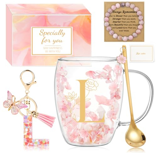 MOTONG Birthday Gifts for Women Glass Coffee Mug, Double Wall Espresso Tea Cups with Letter L Printing, Personalised Gifts for Women Ladies Christmas Valentine's Day Mother's Day with Spoon Bracelet