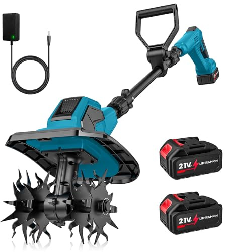 Motozappa Elettrica 21V, 550W Motozappa Elettrica per Orto con 2 x 4,0 Ah Batterie, Larghezza di Lavoro 17 cm, Profondità di Lavoro 24 cm, 360 giri/min, Zappatrice Elettrica per Giardino