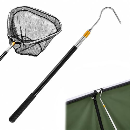 LIULINY 41cm-150cm 5-teiliger Teleskopstange mit Haken für Sonnensegel | Edelstahl Bootshaken mit Klappkescher und Haken, Tragbar Dachboden Hakens, für Markisenöffner Abzieherstange Schlangenhaken
