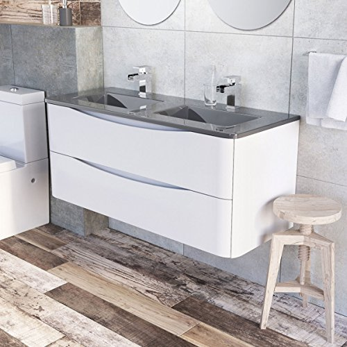 Eaton White Bathroom Furniture Wall Hung Mounted Vanity Unit Soft Close Drawers With Grey Glass Basin- 1200mm