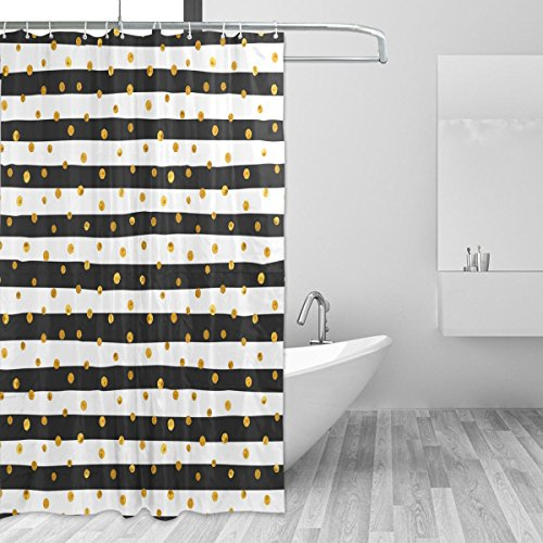 Jstel Décor Rideau de douche Doré à pois blanc et noir Motif rayures Imprimé Tissu 100% polyester 167,6 x 182,9 cm pour Home de salle de bain décoratifs Rideaux de douche avec crochets en plastique