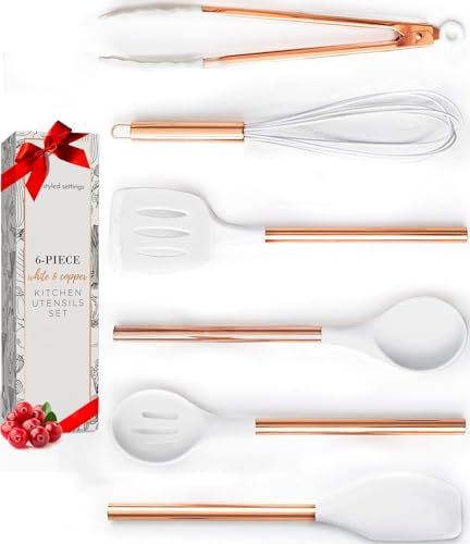 STYLED SETTINGS Set di utensili da cucina in silicone bianco e rame, 6 pezzi, color oro rosa, per pentole antiaderenti, accessori da cucina eleganti in rame e decorazioni moderne