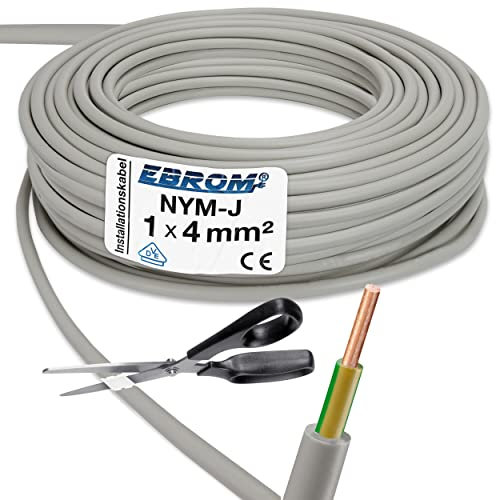 EBROM Câble de terre gainé NYM-J Gris 1 x 4 mm² – Vendu au mètre précis – Choix par incréments de 1 mètre – Votre choix : 4 mm² – Longueur : 5 m