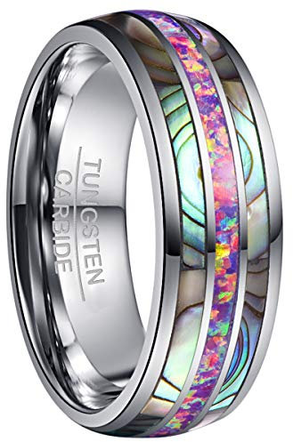 NUNCAD Partnerring mit Opal Lila und Abalone Muschel Herren Damen Unisex Ringe 8mm aus Wolfram Ehering Verlobungsring für Männer Frauen Größe 61.0 (19.4)