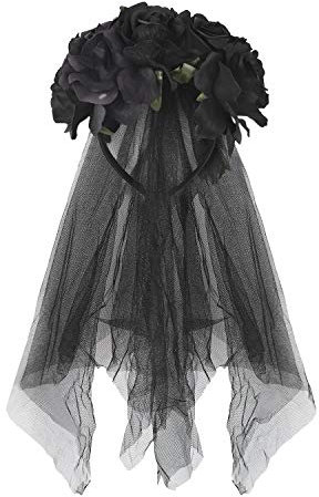 RUIXIB Damen Tag der Toten Haarschmuck mit Rosen und Schleier Kopfschmuck Halloween Kostüm Accessoire Hochzeit Blumen Kranz Schwarz Brautschleier für Hochzeiten Festival Party