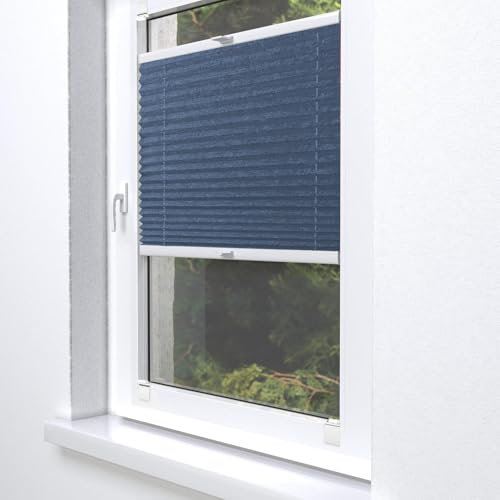 Home-Vision® Plissee Faltrollo ohne Bohren zum Kleben, Innenrahmen, Kollektion Melange Leinenoptik Blickdicht Sonnenschutz Jalousie für Fenster & Tür (Marineblau - Höhe 100cm x Breite 100cm)