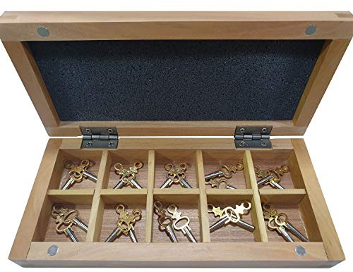 SELVA Taschenuhrschlüssel-Set, 20-teilig, in Holz-Etui, Kleinteile-Sortierkasten mit einzelnen Fächern, Uhrenersatzteile, Aufzugsschlüssel, Vierkant