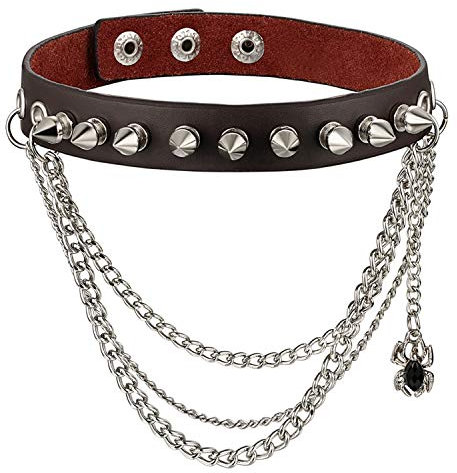 Flongo Choker Tattoo Kette Lederhalsband Damen Herren Halskette Gotik Halsband Schmuck Schwarz Braun Silber Spike Nieten Spinne Eisenkette Punk Rock