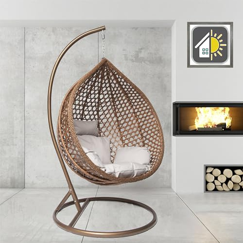 GOODS EMPORIUM Luxury Rattan Hanging Egg Chair Outdoor & Indoor Garden Swing Chair Hammock with Cushions - RAIN COVER INCLUDED (Large, Brown - Brown - Grey)