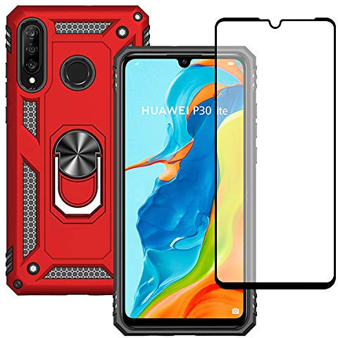 Cover per Huawei P30 Lite Con Proteggi Schermo, Custodia Slim Silicone Bumper Antiurto Telefono Case con Kickstand per P30 Lite (Rosso)