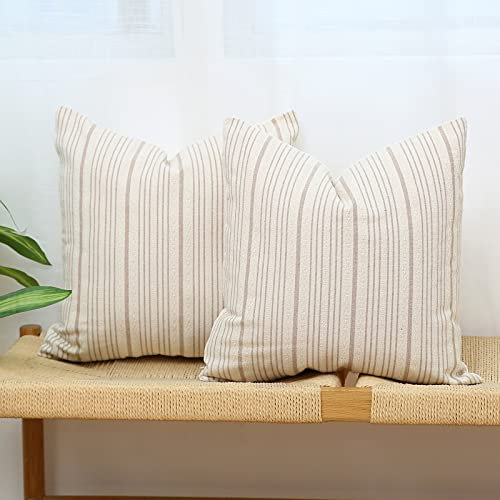 Kiuree Dekokissenbezüge im Landhaus-Stil, 45,7 x 45,7 cm, moderner Akzent, quadratisch, dekorativer Kissenbezug, 2 Stück, gestreift, strukturiert, Leinen, für Sofa, Couch, Stuhl, Schlafzimmer (Khaki)