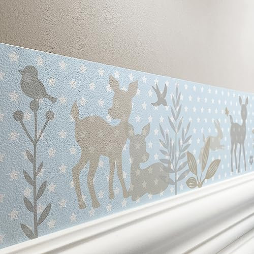 lovely label Bordüre selbstklebend HÄSCHEN & REHE BLAU - Wandbordüre Kinderzimmer Babyzimmer mit Hase & Reh, Waldtiere, Sterne - Wandtattoo Schlafzimmer Junge – Wanddeko Baby Kinder