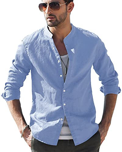 LVCBL Men's long-sleeved Henley summer shirt, men's casual shirt, linen shirt, regular fit, 02 sky blue, M