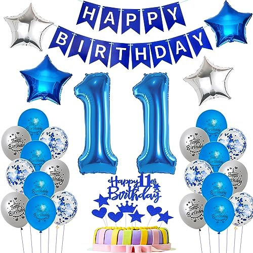 Oumezon 11. Geburtstag Junge Dekoration - Blau, Luftballons, Girlande, Tortendeko, Happy Birthday Latex Luftballons, Konfetti Stern Foilenballons, Herz Star crown Tortendeko