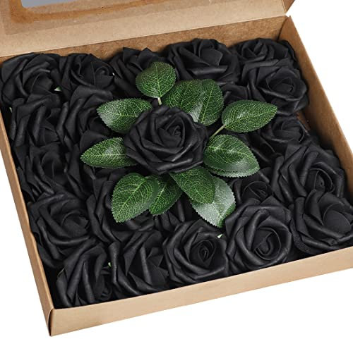 Anaoo Rosa Fiori Artificiali Finte 25 Pezzi Schiuma Aspetto Reale Regolabile Rose Finti Decorazioni per DIY Matrimoni Mazzi Nozze Nuziale Centrotavola Arrangiamenti Festa Bambino Casa, Nero