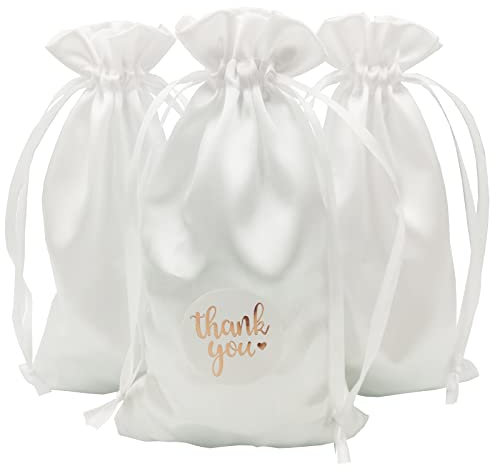 DUGYIRS 30 Stück Satin Weiß Geschenktüten 12cmx20cm, Geschenk Taschen Schmuckbeutel Kordelzugbeutel für Babydusche Hochzeit Party Weihnachtsgeschenktüten