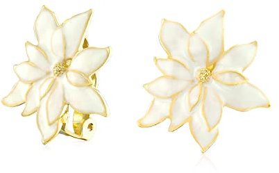 Fiesta De Navidad Pendientes De Clip Con Forma De Flor De Pascua De Esmalte Blanco Para Mujeres Con Orejas No Perforadas - Borde Chapado En Oro