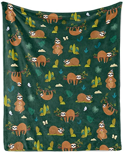 TUTUXMA Kuscheldecke Kinder Faultier, Weich Flauschig Decke für Mädchen Jungen, Plüsch Flanell Fleecedecke Geschenk Sofadecke Couch, Dunkelgrün, 100x130cm
