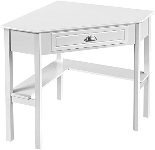 costoffs Triangle Corner Table L Shaped 90 Degree Computer Desk Home Office Table with Storage Drawer & Shelves, PC Laptop Table Writing Table Study Desk for Small Space, MDF Desktop, White