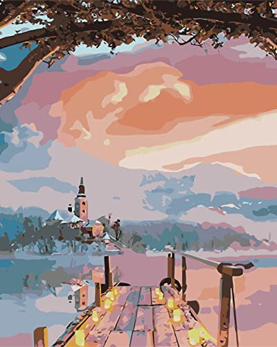 SULISO Peinture par Numéro Fleur Adulte avec Pinceaux et Acryliques Bricolage Peintures Kits pour Adultes Enfants Seniors Débutant,Sans Cadre 40x50cm,Lac de rêve