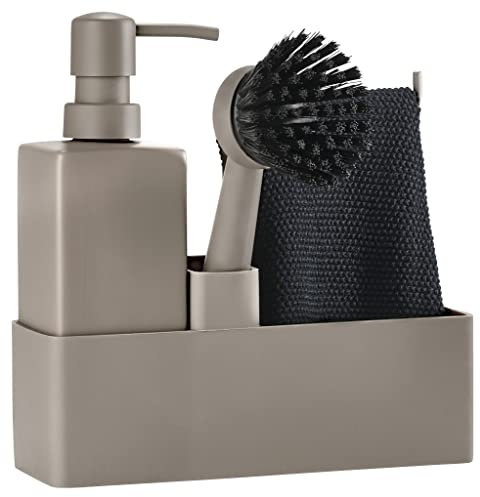 Zone Denmark Set de 4 Accessoires pour Lave-Vaisselle avec Distributeur de Savon/Distributeur de Liquide Vaisselle, Chiffon et Brosse à Vaisselle, 19 x 6 x 20,5 cm, Taupe
