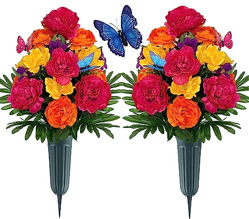HENOMO Disposizione della tomba per lapide,Non sanguinato,Decorazioni della tomba Bouquet di fiori artificiale da esterno del cimitero di seta artificiale con vaso